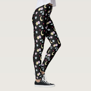 Leggings Lune lunaire, étoiles et nuages Motif sur noir