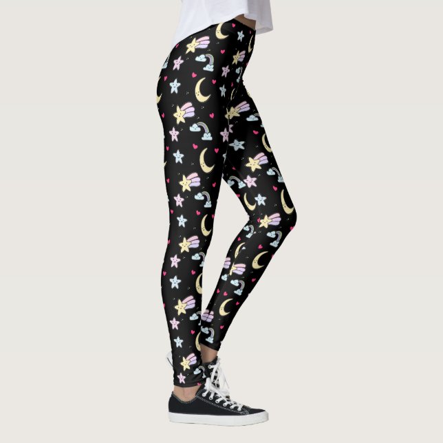 Leggings Lune lunaire, étoiles et nuages Motif sur noir (Droite)