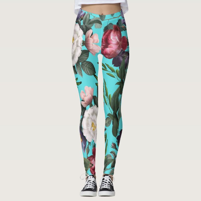 Leggings Luxe boho bleu ciel été lumineux rose motif (Devant)