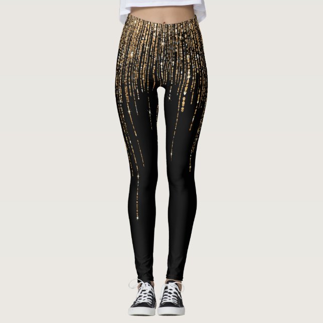 Leggings Luxe Chic Black Gold Fringe Parties scintillant ét (Devant)