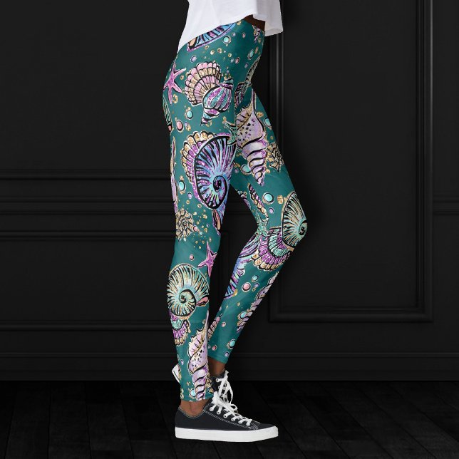 Leggings Luxe Turquoise sous-marin | Coquillages d'or Green (Créateur téléchargé)