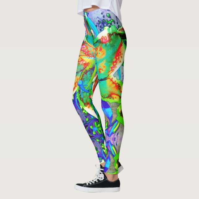 Leggings Lys de kiwi rétro fleurs tropicales abstraites (Gauche)