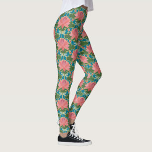 Leggings Lys d'eau rose et libellules bleues sur Turquoise