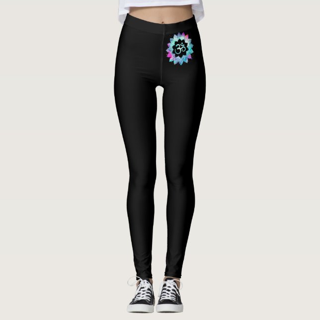 Leggings Magenta au néon et bleu de l'OM de *~* sur le noir (Devant)