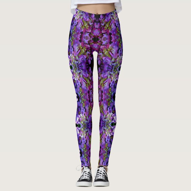 Leggings Magenta Purple bleu jaune Hydrangeas fleurs (Devant)