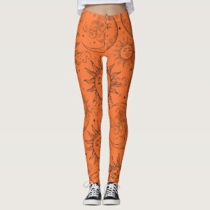 Leggings Magie Orange Vintage Céleste Soleil Lune Étoiles
