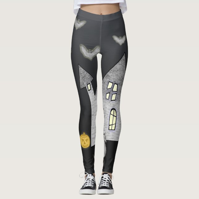 Leggings Maison d'Halloween, Chats noirs, Chats, Chauves-so (Devant)