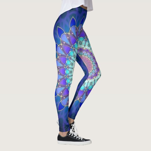 Leggings Mandala de fleur de Lotus - violette cyan bleue (Droite)