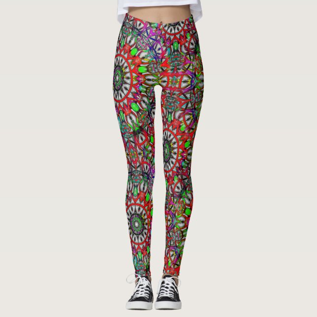 Leggings Mandala de kaléidoscope anormal vert rouge (Devant)