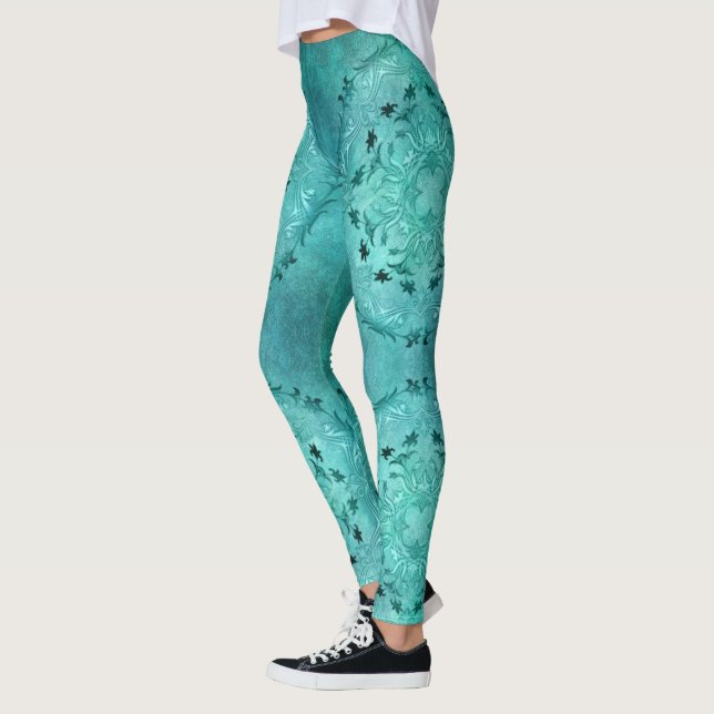 Leggings Mandala floral ethnique de grunge de turquoise (Gauche)