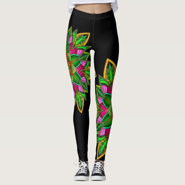 Leggings Mandala Star Power, Vivid multicolore sur noir (Devant)