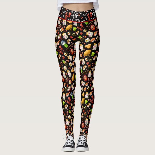 Leggings Maneki Neko Chat et Sushi japonais noir (Devant)
