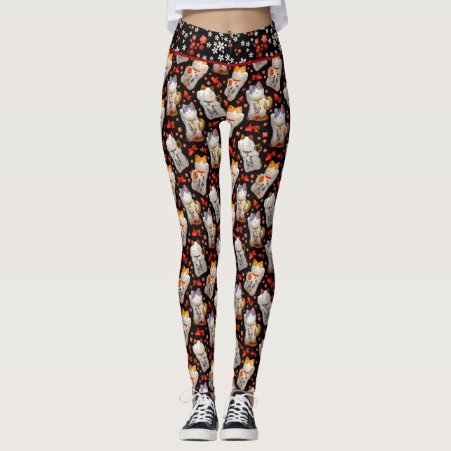 Leggings Maneki Neko Chat Japonais Noir (Devant)