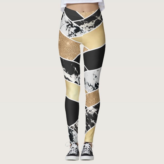 Leggings Marbre blanc Parties scintillant doré moderne géom (Devant)