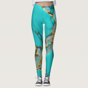 Leggings Marbre Turquoise avec Veines Dorées