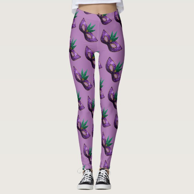 Leggings Mardi Gras Masque violet motif étincelant lavande (Devant)