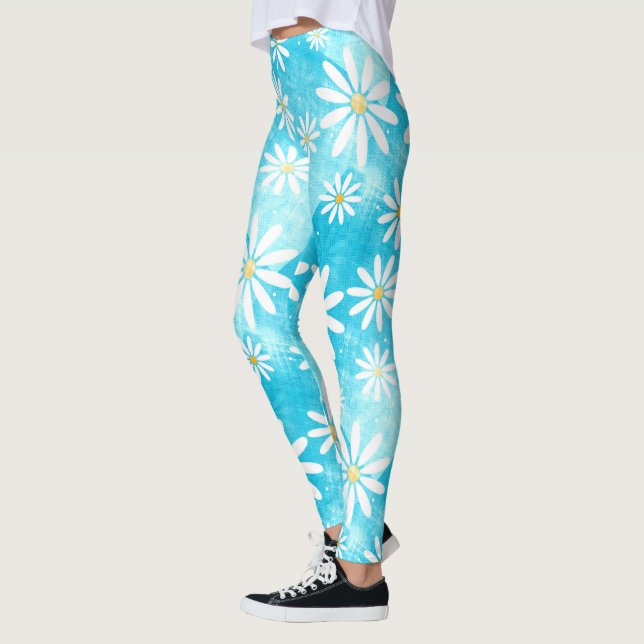Leggings marguerites blanches motif bleu dégradé blocs (Gauche)