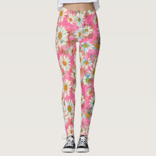 Leggings Marguerites blanches sur le motif floral rose