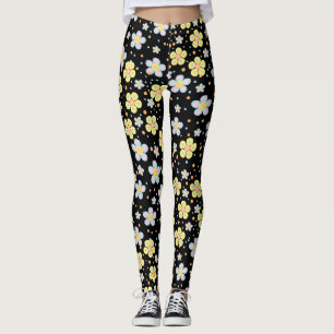 Leggings Marguerites en fleurs. Fond noir jaune et rose