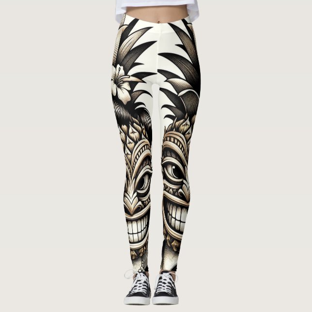 Leggings Mariée et marié Aloha Tête de Tiki Ananas Mariage  (Devant)