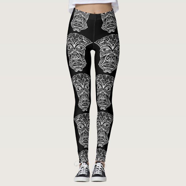 Leggings Masque Tiki Blanc Et Noir (Devant)