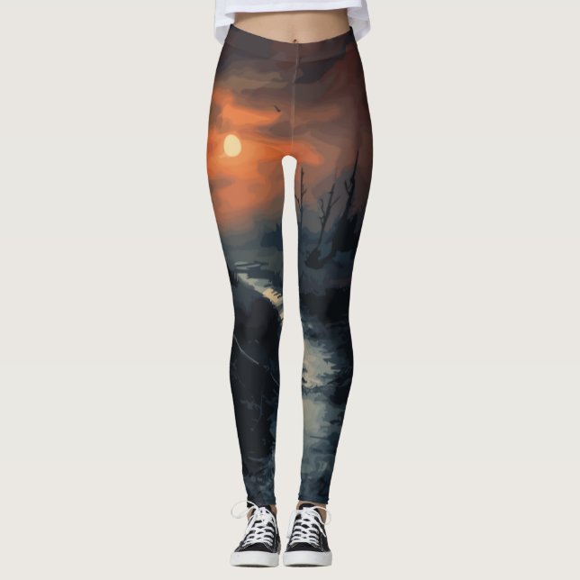 Leggings Menace Lune : La Forêt Noire Hantée à Dusk (Devant)
