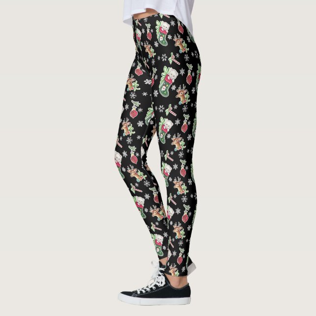 Leggings Meowy Christmas Happy Reindeer - sur Black (Gauche)