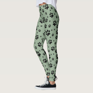 Leggings Mignons Fun Black sur Sage Green Empreintes de pat