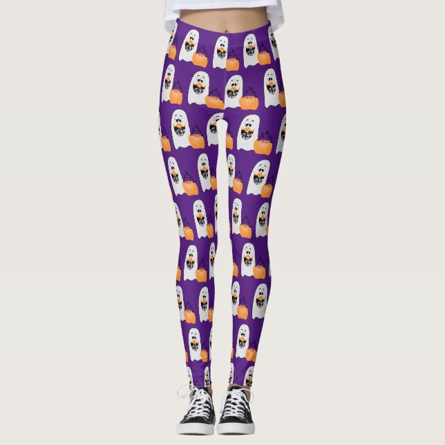 Leggings migre Halloween Ghost citrouille violet motif (Devant)