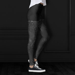 Leggings Minuit Onyx Romance   Black Satiny Grunge Damask