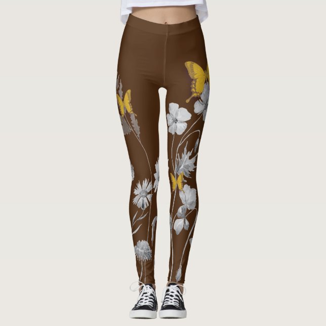 Leggings mit brauner Blüte und Schmetterling (Vorderseite)