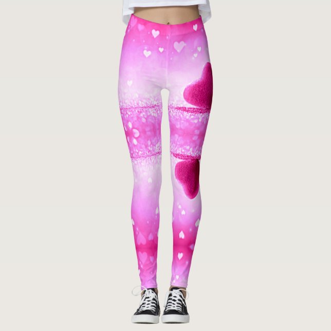Leggings mit rosa Herzen in Spandex/Polyester. (Vorderseite)