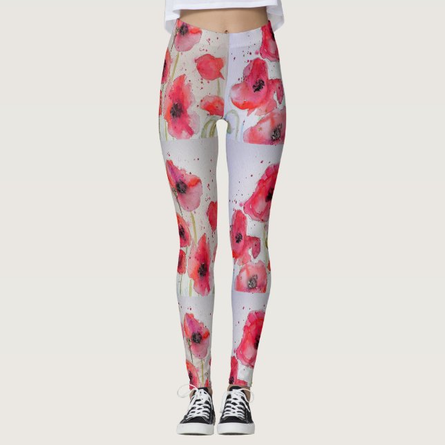 Leggings mit Roter Mohn und Wasserfarbe (Vorderseite)