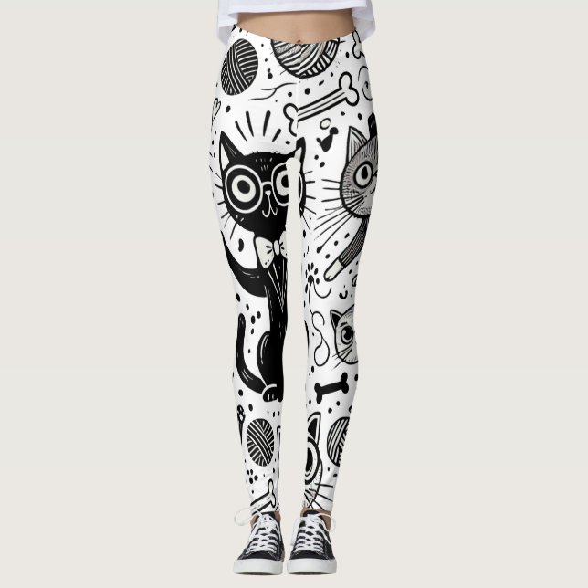 Leggings mit schwarzem und weißem Katzenmuster (Vorderseite)