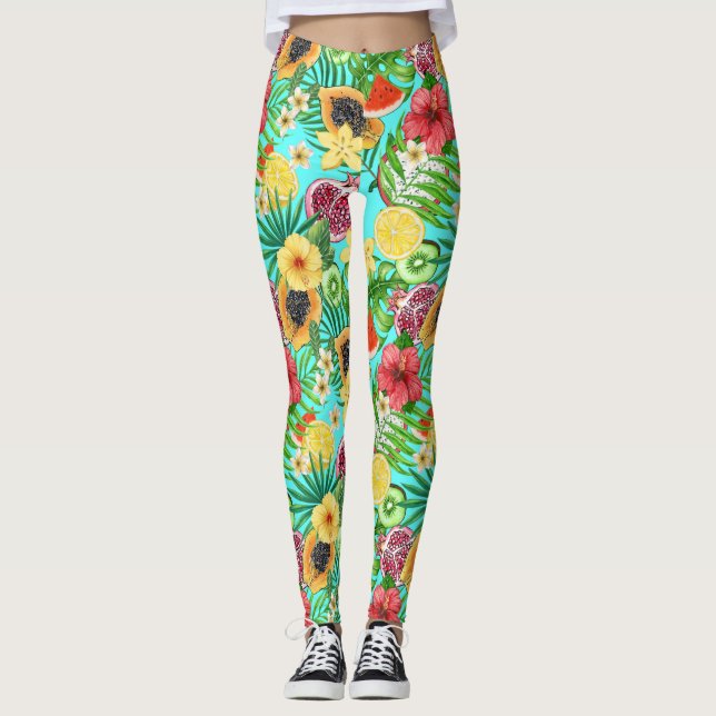 Leggings Mix-fruit tropical, fleurs et feuilles en bleu (Devant)