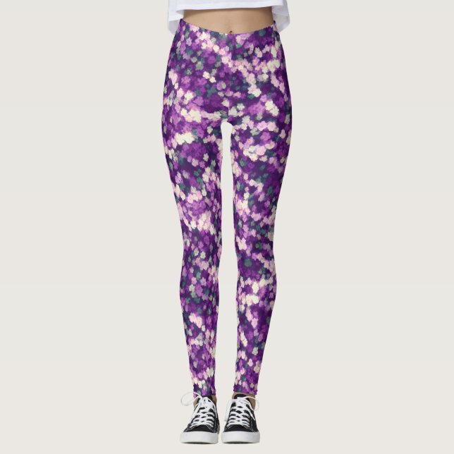 Leggings Modèle Floral Abstrait Chic Violet Et Rose Blanc (Devant)