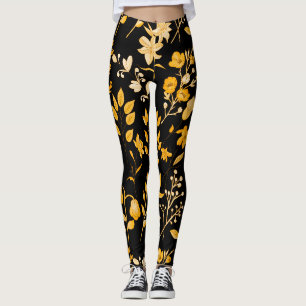 Leggings Modèle Floral d'or pour l'automne. BG noir