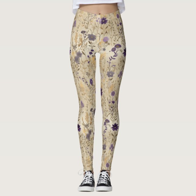 Leggings Modèle floral fleur sauvage pourpre (Devant)