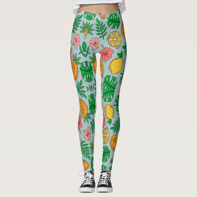 Leggings Modèle floral rose et vert jaune exotique (Devant)