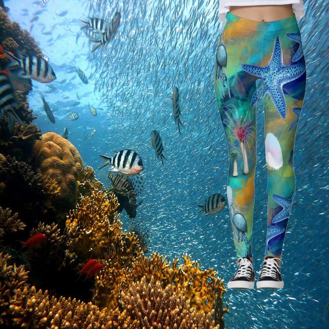 Leggings Moderne Chic Aqua Blue Marine Life Ocean Starfish (Modern Chic Aqua Blue Marine Life Ocean Starfish Leggings)