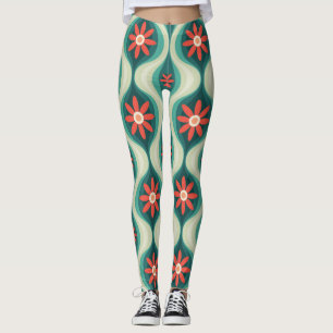 Leggings Moderne du milieu du siècle : Fleurs orange Abstra