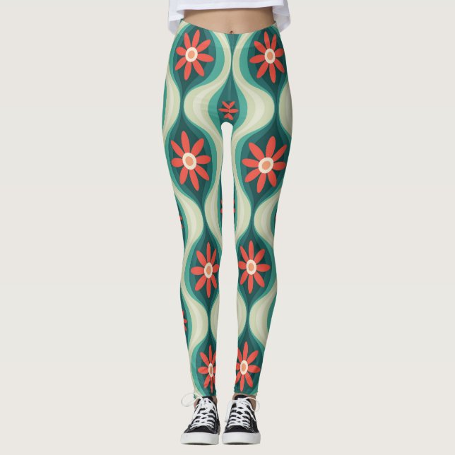 Leggings Moderne du milieu du siècle : Fleurs orange Abstra (Devant)