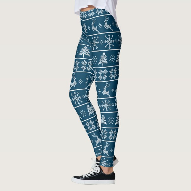 Leggings Moderne Nordic Knit Ugly Sweater Marine Motif blan (Gauche)