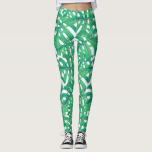Leggings Monstère verte tropicale feuille motif sur blanc b