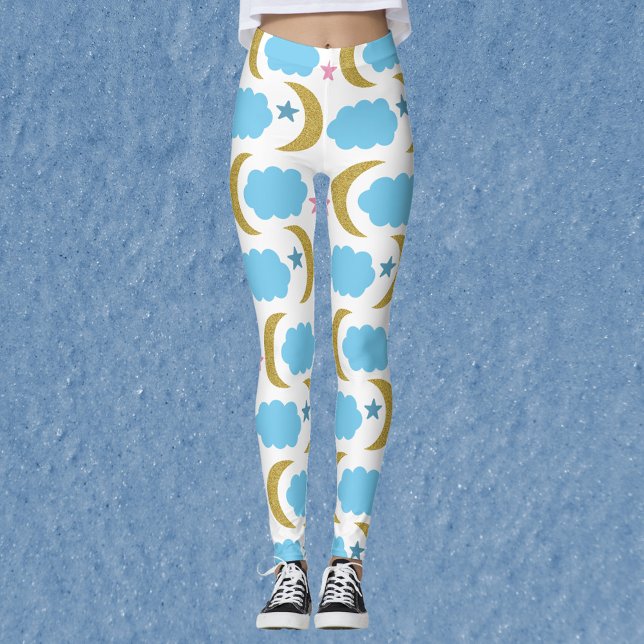 Leggings Moon Cloud Stars Faux Gold Parties scintillant Mot (A pair of leggings with gold moons, blue clouds and pink stars!)