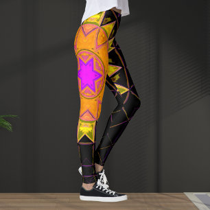 Leggings Mosaic Kaleidoscope Fleur Orange rose et noir