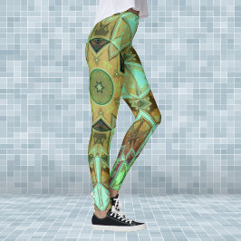 Leggings Mosaic Kaleidoscope Fleur Vert et Brown