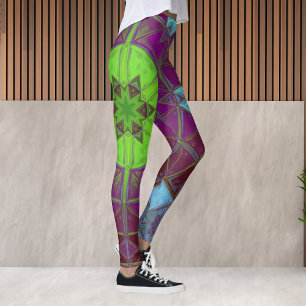 Leggings Mosaic Kaleidoscope Fleur vert pourpre et bleu