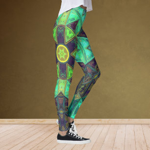 Leggings Mosaic Kaleidoscope Fleur vert Turquoise et violet