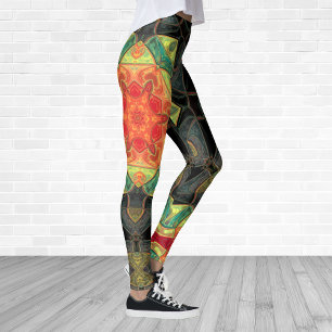 Leggings Mosaic Mandala Fleur Rouge Jaune Vert et Noir